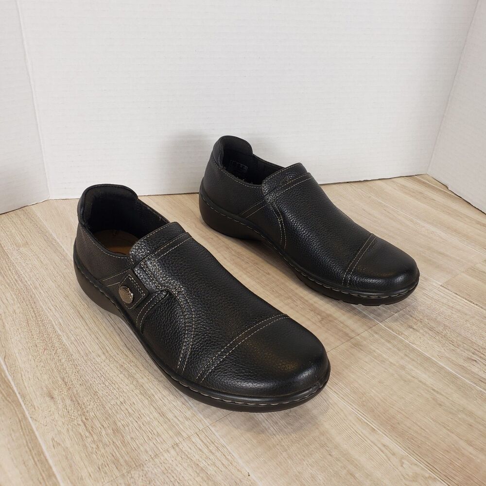 Clarks Cora Poppy Leather Loafers Womens 7.5 Black Casual Slip On Comfort Shoes